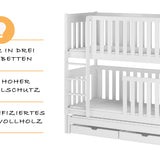 Hochbett 80x180 | 90x200 cm mit Ausziehbett Etagenbett mit Ausziehfunktion, zwei Schubladen, Lattenrost, extra hoher Rausfallschutz, umbaubar in 3 Einzelbetten, Vollholz massiv in weiss