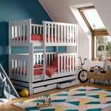 Hochbett 80x180 | 90x200 cm mit Ausziehbett Etagenbett mit Ausziehfunktion, zwei Schubladen, Lattenrost, extra hoher Rausfallschutz, umbaubar in 3 Einzelbetten, Vollholz massiv in weiss