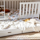 B-WARE: Hochbett 80x180 / 90x200 cm mit Ausziehbett, zwei Schubladen, extra hoher Rausfallschutz, umbaubar in 3 Einzelbetten, weiss