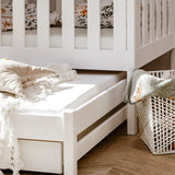 B-WARE: Hochbett 80x180 / 90x200 cm mit Ausziehbett, zwei Schubladen, extra hoher Rausfallschutz, umbaubar in 3 Einzelbetten, weiss