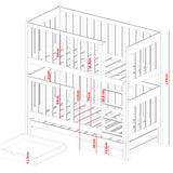 Hochbett 80x180 | 90x200 cm mit Ausziehbett Etagenbett mit Ausziehfunktion, zwei Schubladen, Lattenrost, extra hoher Rausfallschutz, umbaubar in 3 Einzelbetten, Vollholz massiv in weiss