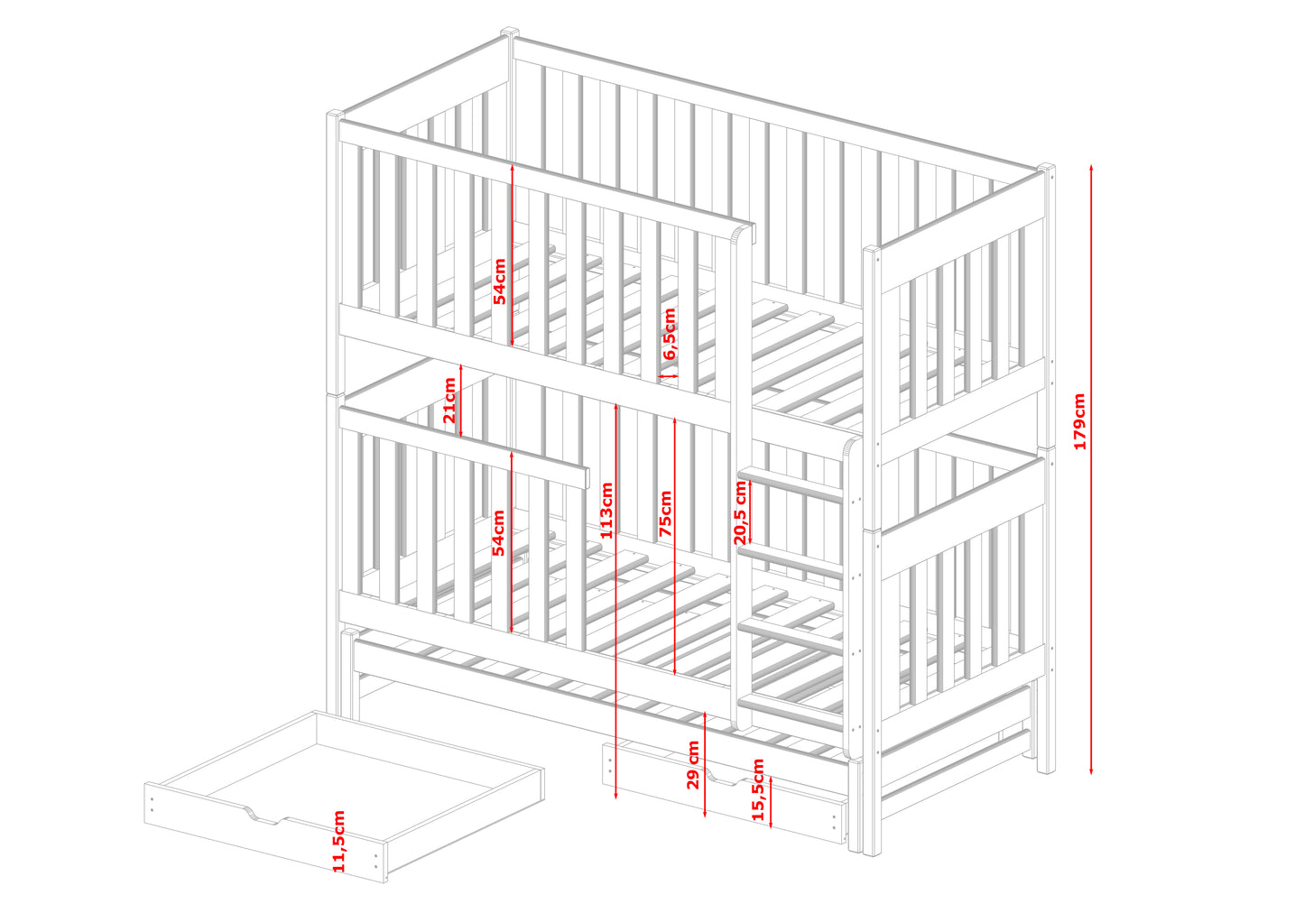 Lit mezzanine 80x180 | 90x200 cm avec lit gigogne Lit superposé avec fonction gigogne, deux tiroirs, sommier à lattes, protection antichute très haute, transformable en 3 lits simples, bois massif blanc