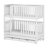 Hochbett 80x180 | 90x200 cm mit Ausziehbett Etagenbett mit Ausziehfunktion, zwei Schubladen, Lattenrost, extra hoher Rausfallschutz, umbaubar in 3 Einzelbetten, Vollholz massiv in weiss