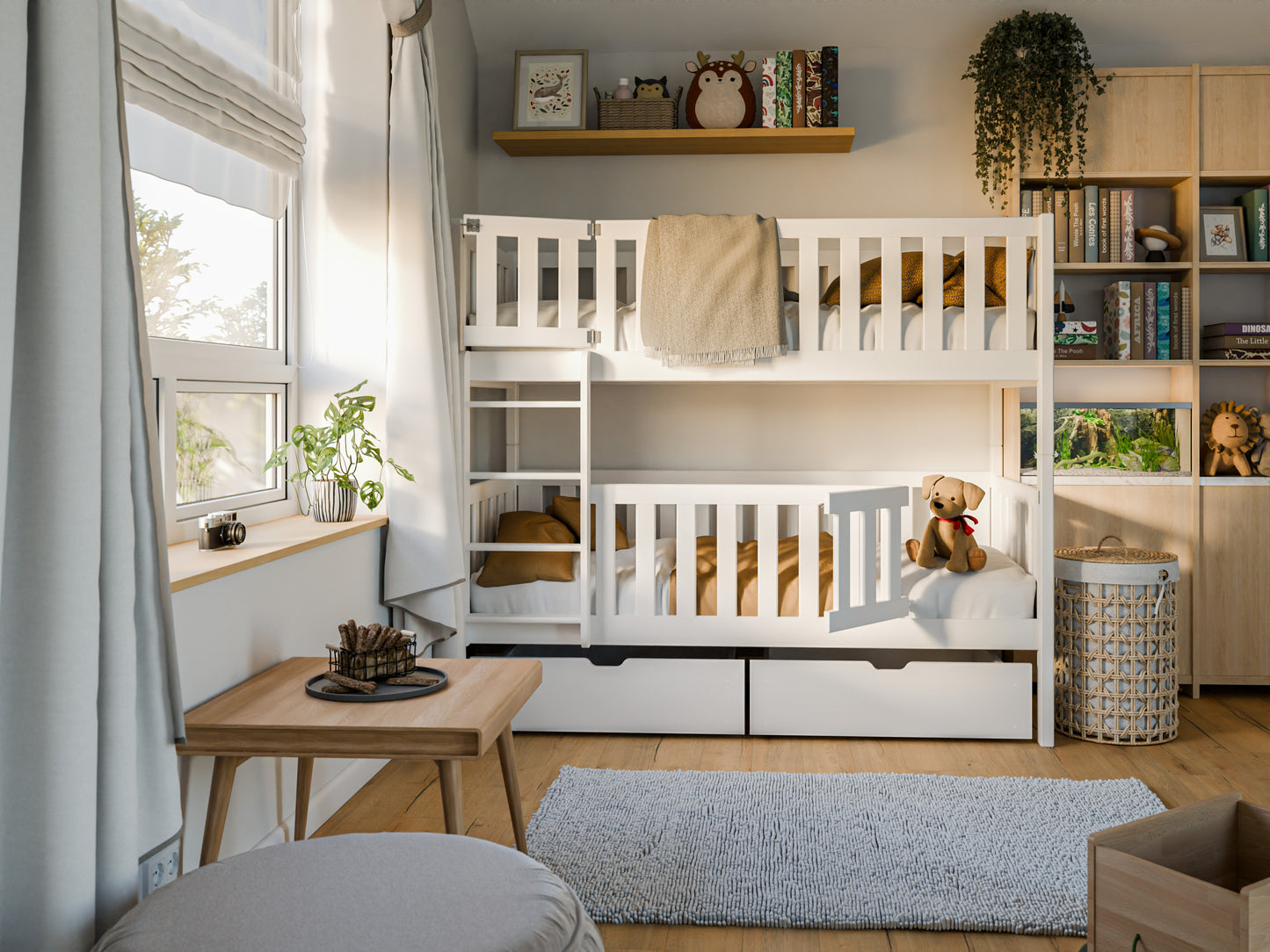 Lit mezzanine 80x180 avec deux matelas et protection antichute verrouillable. Lit superposé avec portes de sécurité, deux tiroirs, sommier à lattes, transformable en 2 lits simples, bois massif blanc.