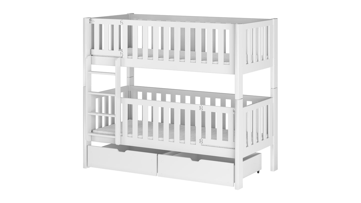 Lit mezzanine B-stock 80x180 avec lit superposé verrouillable antichute avec portes de sécurité, deux tiroirs, sommier à lattes, transformable en 2 lits simples, bois massif blanc