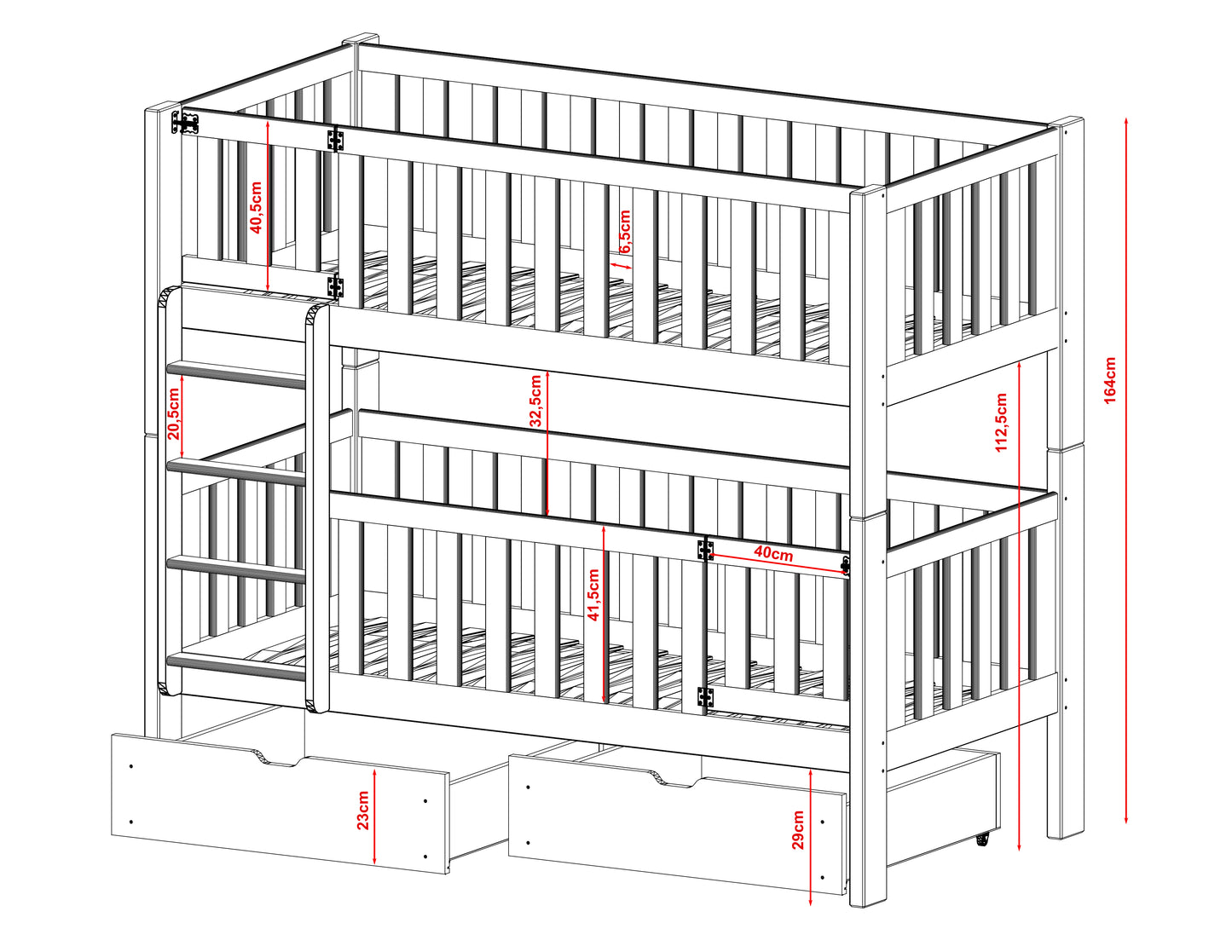 Lit mezzanine 80x180 avec deux matelas et protection antichute verrouillable. Lit superposé avec portes de sécurité, deux tiroirs, sommier à lattes, transformable en 2 lits simples, bois massif blanc.