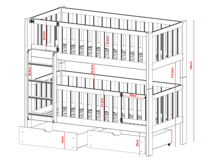 Lit mezzanine 80x180 avec deux matelas et protection antichute verrouillable. Lit superposé avec portes de sécurité, deux tiroirs, sommier à lattes, transformable en 2 lits simples, bois massif blanc.