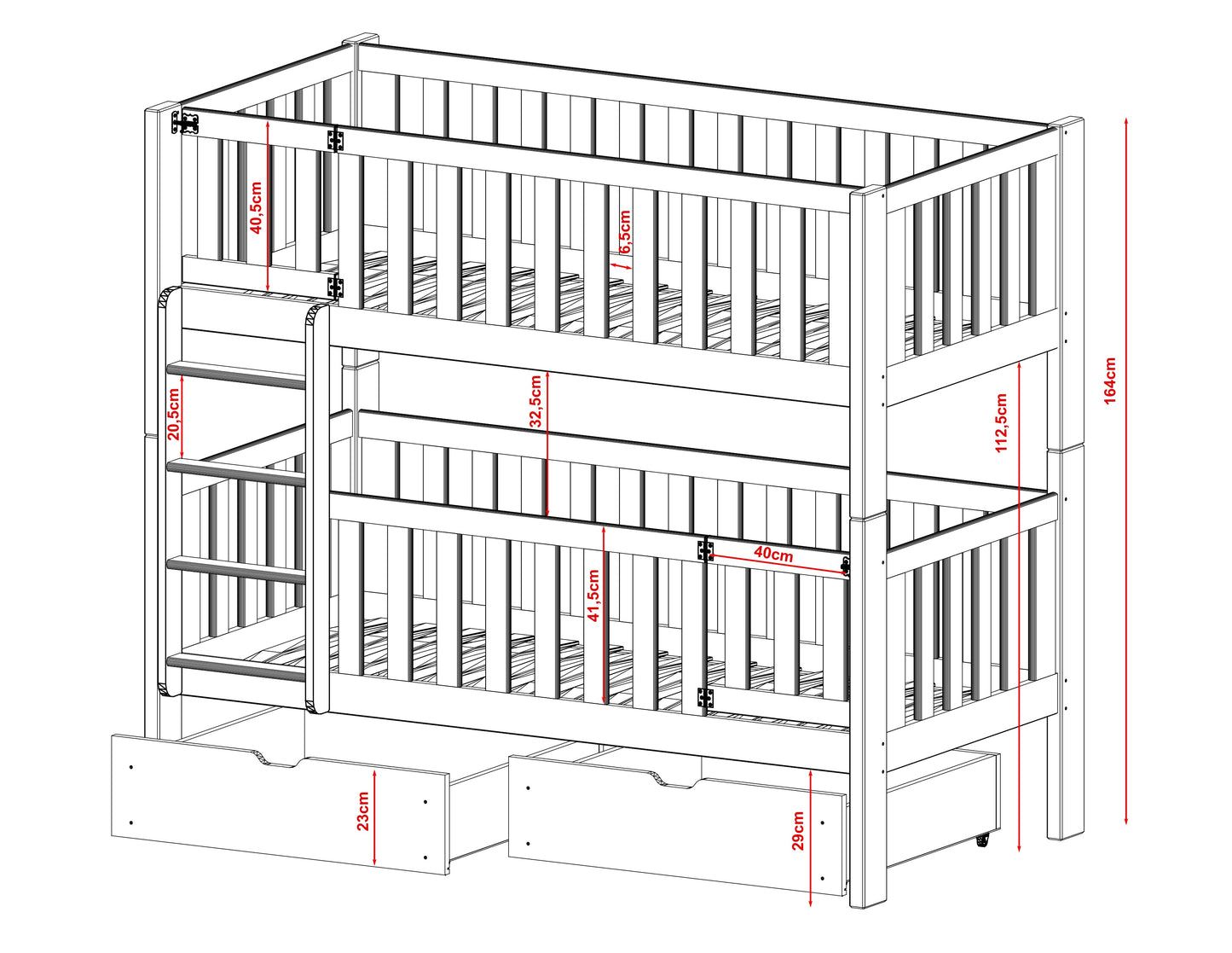 Lit mezzanine B-stock 80x180 avec lit superposé verrouillable antichute avec portes de sécurité, deux tiroirs, sommier à lattes, transformable en 2 lits simples, bois massif blanc