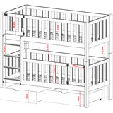 Hochbett 80x180 mit zwei Matratzen und schließbarem Rausfallschutz Etagenbett mit Sicherheitstüren, zwei Schubladen, Lattenrost, umbaubar in 2 Einzelbetten, Vollholz massiv in weiss