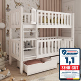 Hochbett 80x180 mit zwei Matratzen und schließbarem Rausfallschutz Etagenbett mit Sicherheitstüren, zwei Schubladen, Lattenrost, umbaubar in 2 Einzelbetten, Vollholz massiv in weiss