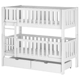 Hochbett 80x180 mit zwei Matratzen und schließbarem Rausfallschutz Etagenbett mit Sicherheitstüren, zwei Schubladen, Lattenrost, umbaubar in 2 Einzelbetten, Vollholz massiv in weiss