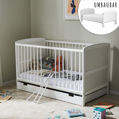 Lit bébé lit bébé 70x140 cm lit bébé convertible réglable en hauteur et échelons amovibles | bois de pin massif blanc Fabriqué en Europe