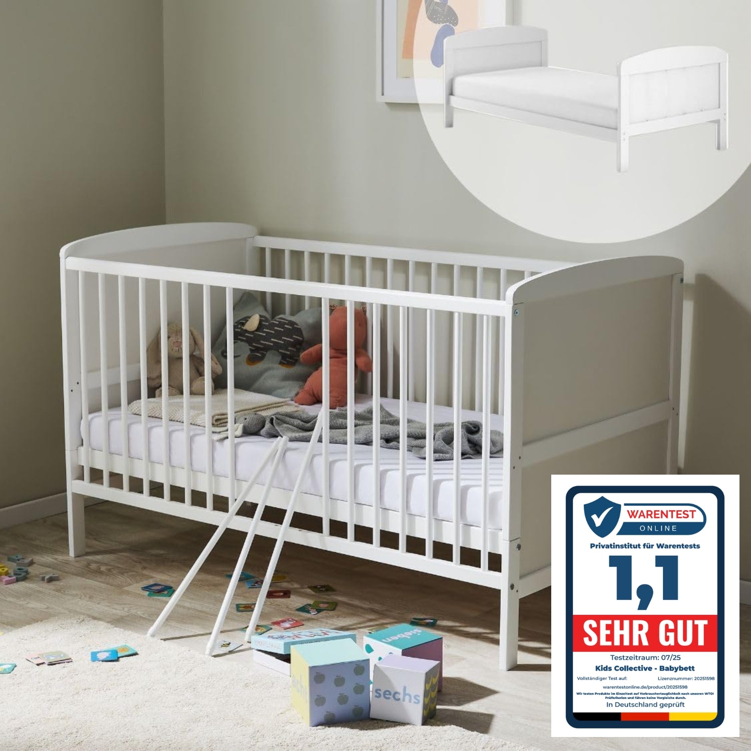 Lit bébé lit bébé 70x140 cm lit bébé convertible réglable en hauteur et échelons amovibles | bois de pin massif blanc Fabriqué en Europe