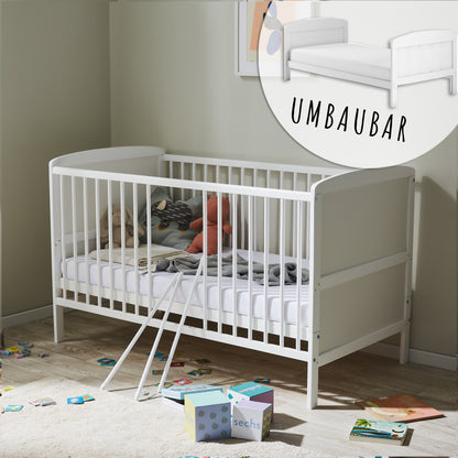 Lit bébé lit bébé 70x140 cm lit bébé convertible réglable en hauteur et échelons amovibles | bois de pin massif blanc Fabriqué en Europe