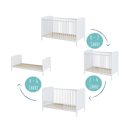 Lit bébé lit bébé 70x140 cm lit bébé convertible réglable en hauteur et échelons amovibles | bois de pin massif blanc Fabriqué en Europe