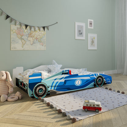 Lit auto lit enfant lit enfant 80x160 avec protection antichute et matelas (en option) | Lit de jeu pour enfants voiture de sport voiture de sport voiture de course en rouge, bleu ou noir