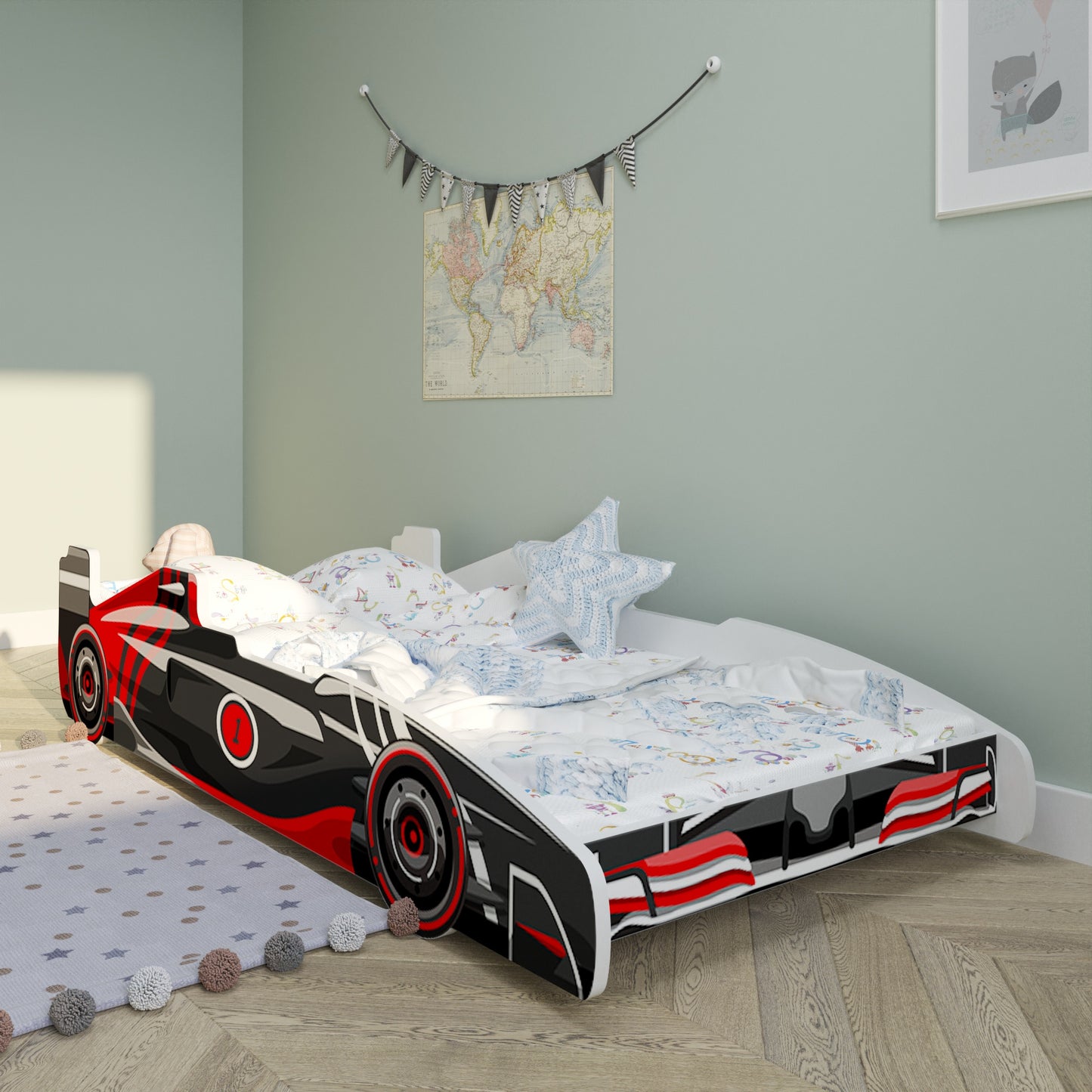 Lit auto lit enfant lit enfant 80x160 avec protection antichute et matelas (en option) | Lit de jeu pour enfants voiture de sport voiture de sport voiture de course en rouge, bleu ou noir