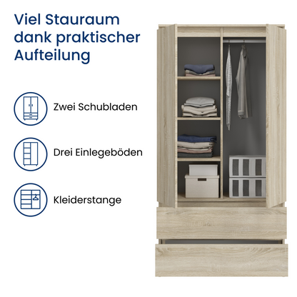 Home Collective Kleiderschrank Schrank Mehrzweckschrank Haushaltsschrank 90x50x180 cm (BxTxH)  mit 2 Schubladen, 3 Einlegeböden & Kleiderstange  – robust, platzsparend & vielseitig
