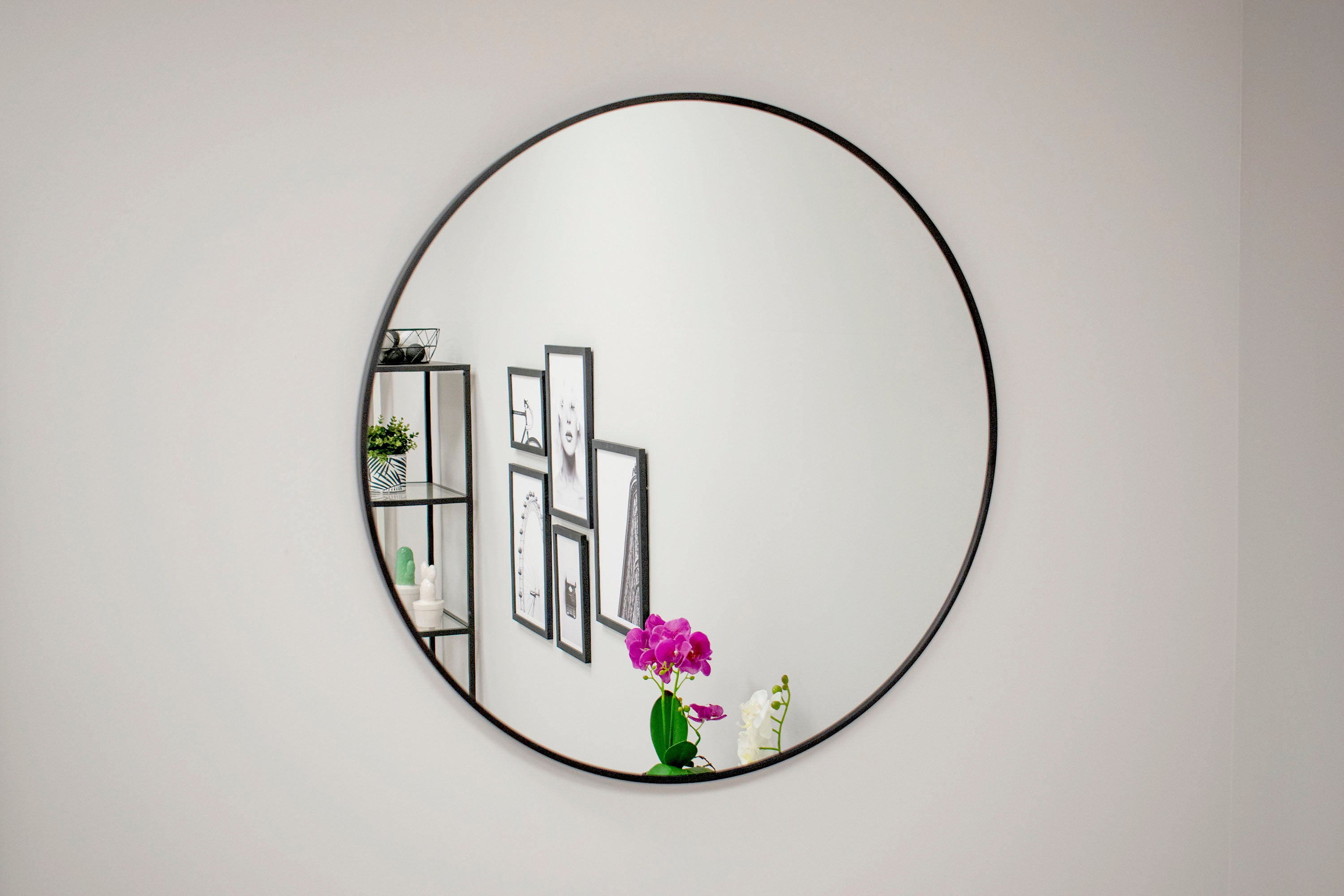 Miroir 60x60 | 70x70 | 80x80 cm mural rond avec cadre en métal noir ou or | en 3 tailles pour la salle de bain, le couloir, le salon, la salle à manger ou le miroir de maquillage