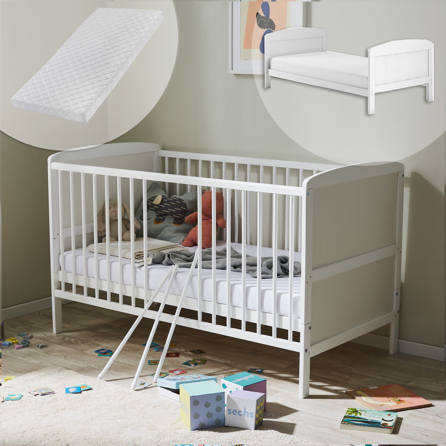 Lit bébé lit bébé 70x140 cm lit bébé convertible réglable en hauteur et échelons amovibles | bois de pin massif blanc Fabriqué en Europe