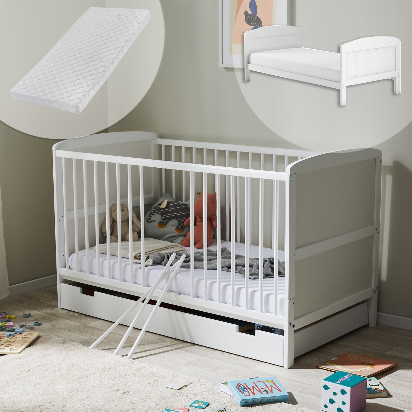 Lit bébé lit bébé 70x140 cm lit bébé convertible réglable en hauteur et échelons amovibles | bois de pin massif blanc Fabriqué en Europe