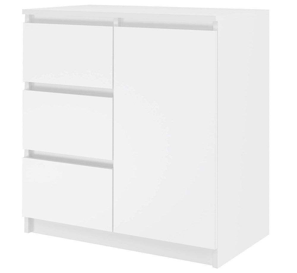 Kommode mit 3 Schubladen und 1 Tür 80x75x40 cm (B/H/T) schmal in weiß, Highboard Sideboard Mehrzweckschrank Schrank Schlafzimmer