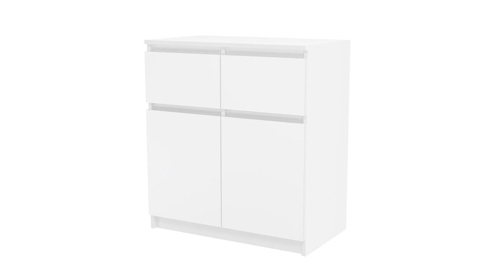 Kommode mit 2 Schubladen und 2 Türen 70x75x40 cm (B/H/T) schmal in weiß, Highboard Sideboard Mehrzweckschrank Schrank Schlafzimmer