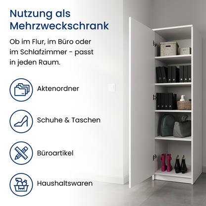 Garderobenschrank Garderobe Mehrzweckschrank weiß 50cm Breite 180cm Höhe mit Kleiderstange und Extra-Fach, Kleiderschrank Organizer aus MDF Holz
