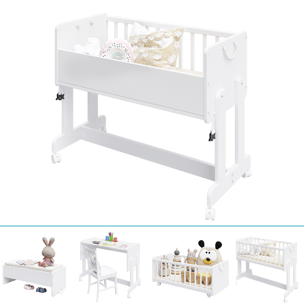 Lit d'appoint Lit bébé 90x40 cm Lit bébé avec ceinture de sécurité pour lit des parents, transformable en bureau réglable en hauteur, banc et boîte de jeu en bois massif, fabriqué dans l'UE - utilisable pendant 10 ans