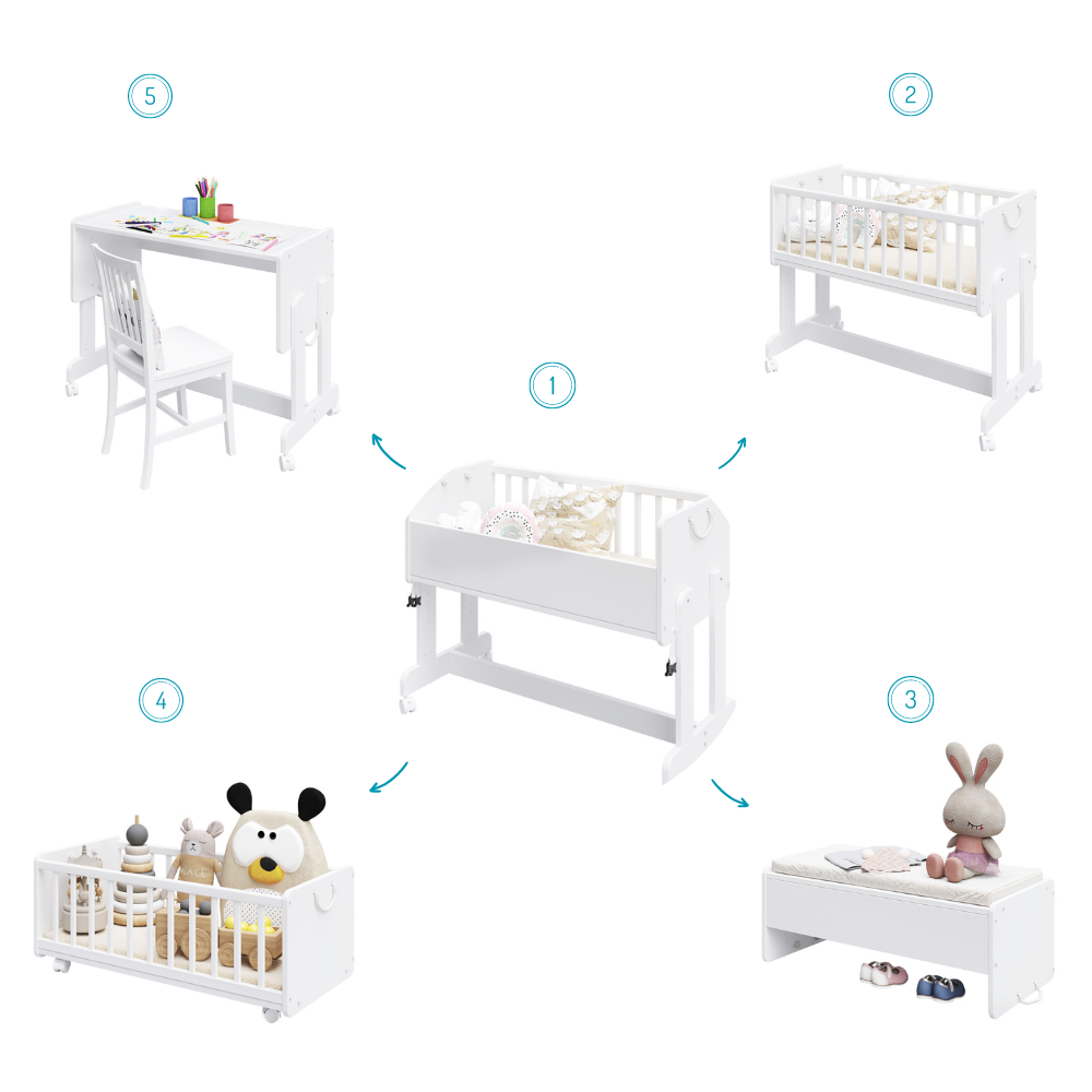 Beistellbett 90x40 cm Babybett Baby Bett mit Sicherheitsgurt für Elternbett, umbaubar zu höhenverstellbarem Schreibtisch, Sitzbank und Spielkiste aus Vollholz, made in EU - 10 Jahre nutzbar