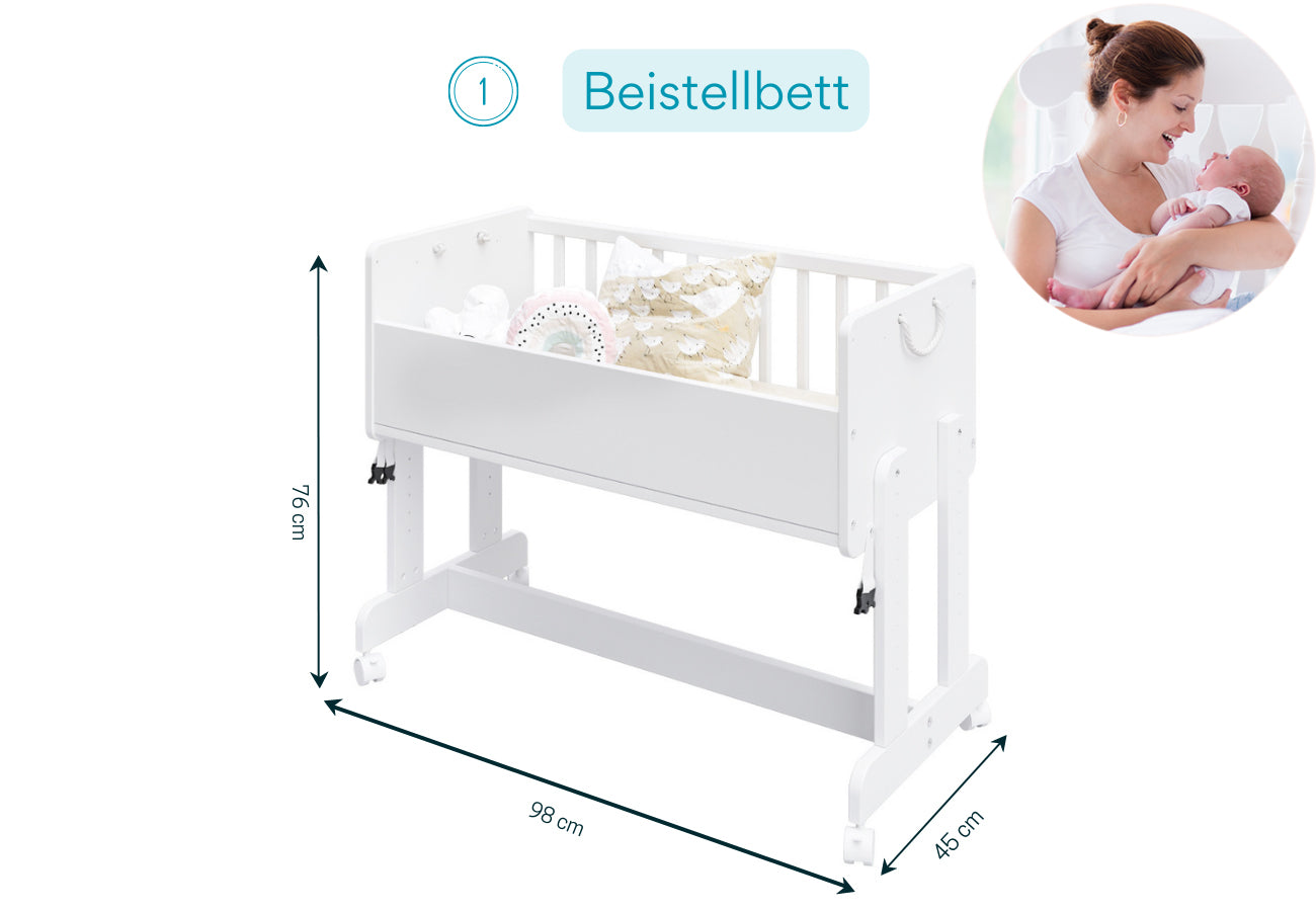 Lit d'appoint Lit bébé 90x40 cm Lit bébé avec ceinture de sécurité pour lit des parents, transformable en bureau réglable en hauteur, banc et boîte de jeu en bois massif, fabriqué dans l'UE - utilisable pendant 10 ans