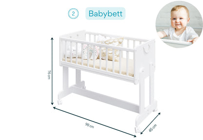 Lit d'appoint Lit bébé 90x40 cm Lit bébé avec ceinture de sécurité pour lit des parents, transformable en bureau réglable en hauteur, banc et boîte de jeu en bois massif, fabriqué dans l'UE - utilisable pendant 10 ans