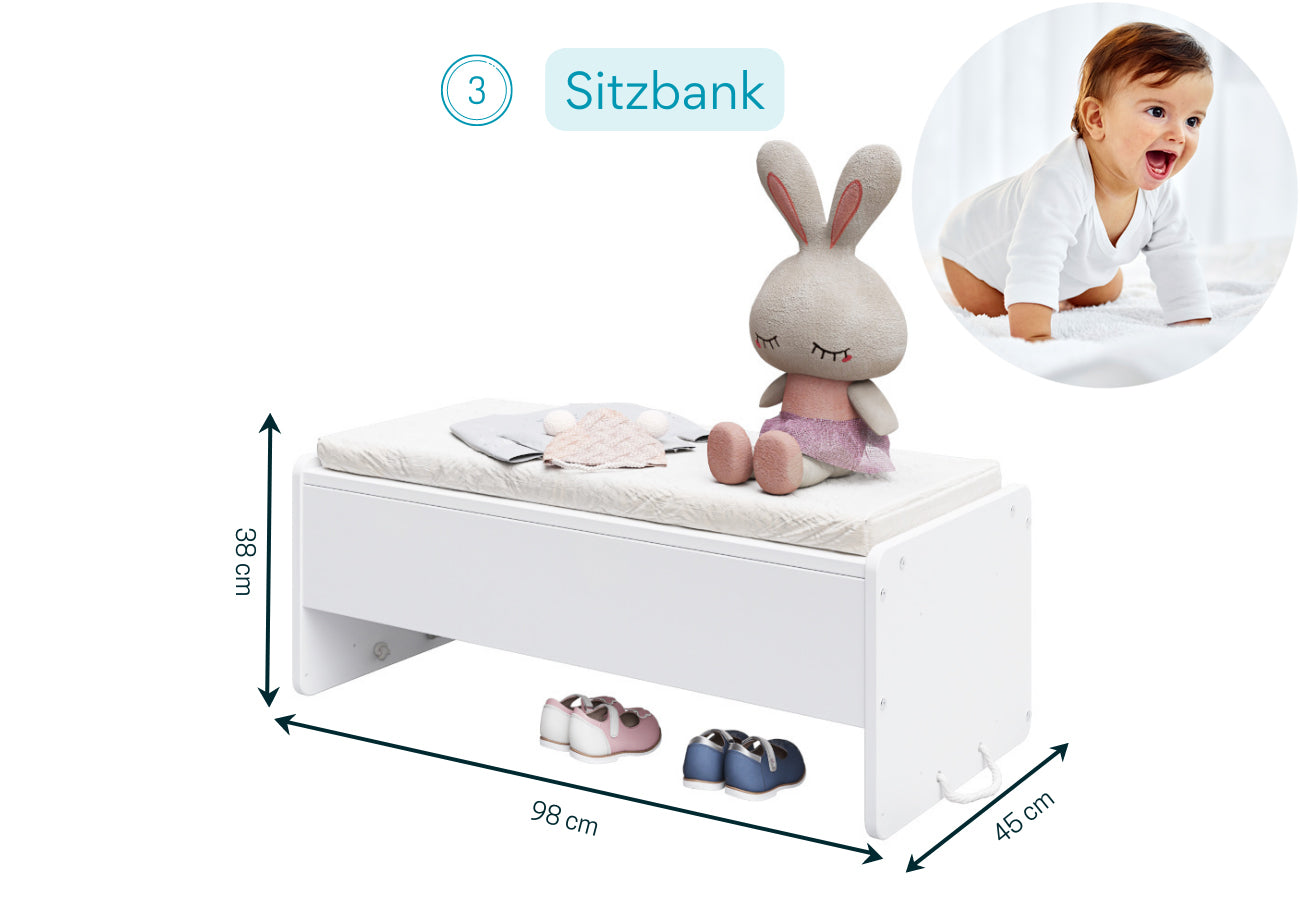 Beistellbett 90x40 cm Babybett Baby Bett mit Sicherheitsgurt für Elternbett, umbaubar zu höhenverstellbarem Schreibtisch, Sitzbank und Spielkiste aus Vollholz, made in EU - 10 Jahre nutzbar