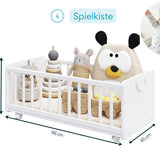 Beistellbett 90x40 cm Babybett Baby Bett mit Sicherheitsgurt für Elternbett, umbaubar zu höhenverstellbarem Schreibtisch, Sitzbank und Spielkiste aus Vollholz, made in EU - 10 Jahre nutzbar