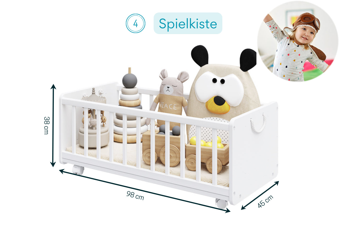 Beistellbett 90x40 cm Babybett Baby Bett mit Sicherheitsgurt für Elternbett, umbaubar zu höhenverstellbarem Schreibtisch, Sitzbank und Spielkiste aus Vollholz, made in EU - 10 Jahre nutzbar