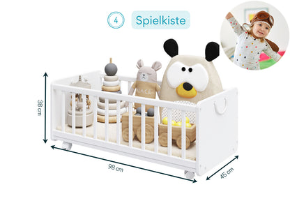 Lit d'appoint Lit bébé 90x40 cm Lit bébé avec ceinture de sécurité pour lit des parents, transformable en bureau réglable en hauteur, banc et boîte de jeu en bois massif, fabriqué dans l'UE - utilisable pendant 10 ans