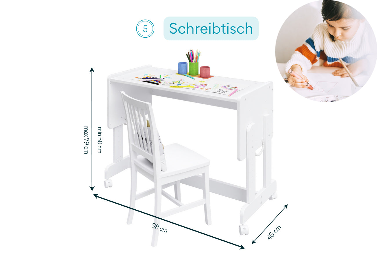 Beistellbett 90x40 cm Babybett Baby Bett mit Sicherheitsgurt für Elternbett, umbaubar zu höhenverstellbarem Schreibtisch, Sitzbank und Spielkiste aus Vollholz, made in EU - 10 Jahre nutzbar