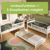 Hochbett 90x200 Etagenbett Kinderbett Jugendbett Stockbett 3 Kinder, zwei Schubladen & Rausfallschutz Kinder Bett umbaubar in 3 Einzelbetten | von 4. bis 16. Lebensjahr | inkl. Lattenrosten