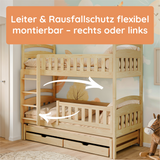 Hochbett 90x200 Etagenbett Kinderbett Jugendbett Stockbett 3 Kinder, zwei Schubladen & Rausfallschutz Kinder Bett umbaubar in 3 Einzelbetten | von 4. bis 16. Lebensjahr | inkl. Lattenrosten