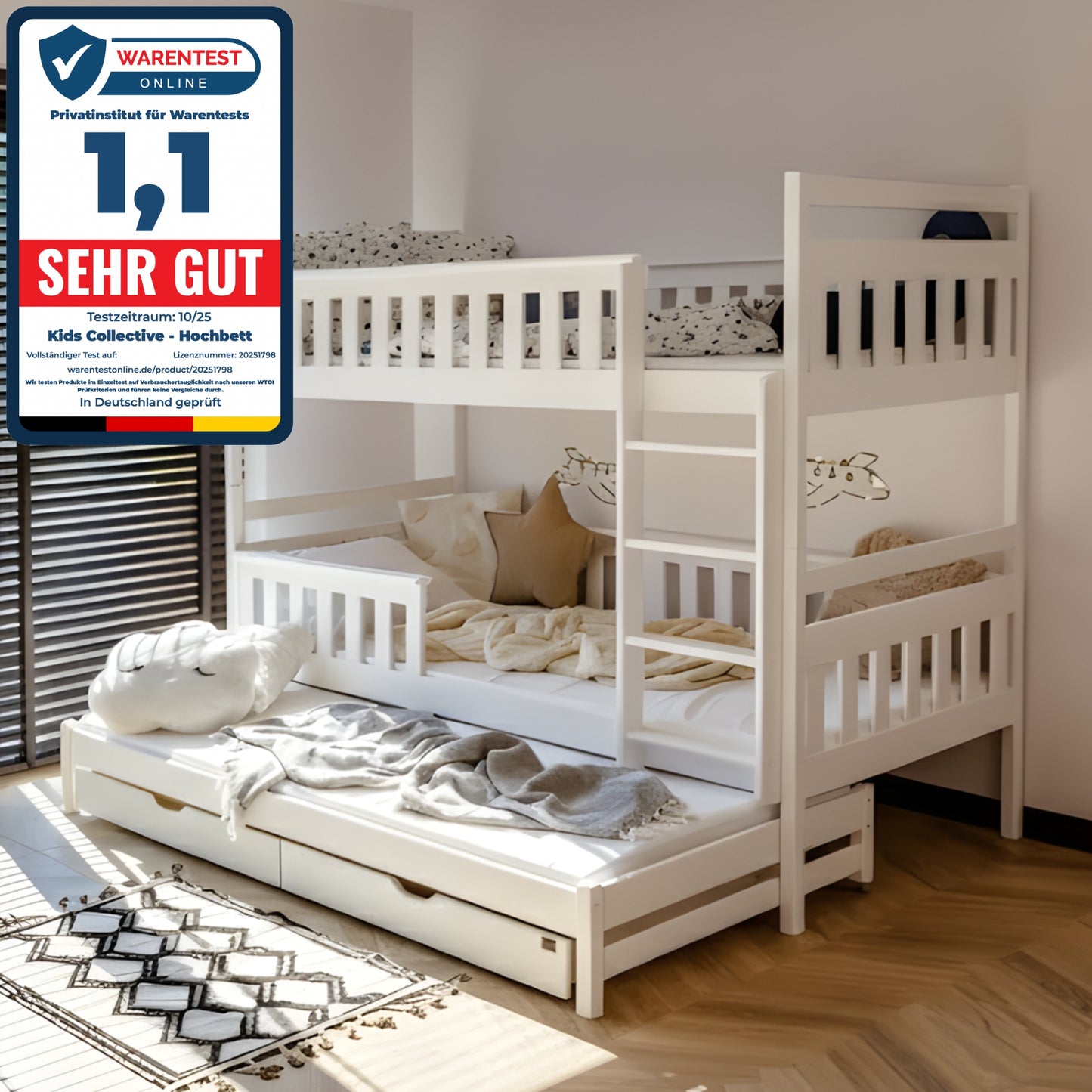 Hochbett 90x200 mit Ausziehbett und drei Matratzen (optional) Etagenbett mit Ausziehfunktion, zwei Schubladen, Lattenrost, Rausfallschutz, umbaubar in drei Einzelbetten, Vollholz massiv