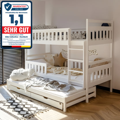 Hochbett 90x200 mit Ausziehbett und drei Matratzen (optional) Etagenbett mit Ausziehfunktion, zwei Schubladen, Lattenrost, Rausfallschutz, umbaubar in drei Einzelbetten, Vollholz massiv