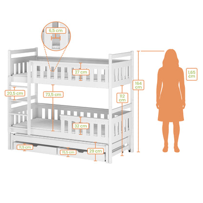 Hochbett 90x200 mit Ausziehbett und drei Matratzen (optional) Etagenbett mit Ausziehfunktion, zwei Schubladen, Lattenrost, Rausfallschutz, umbaubar in drei Einzelbetten, Vollholz massiv