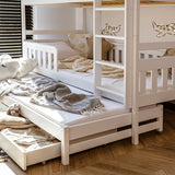 Hochbett 90x200 mit Ausziehbett und drei Matratzen (optional) Etagenbett mit Ausziehfunktion, zwei Schubladen, Lattenrost, Rausfallschutz, umbaubar in drei Einzelbetten, Vollholz massiv