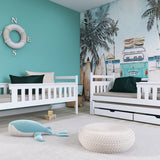 Hochbett 90x200 mit Ausziehbett und drei Matratzen (optional) Etagenbett mit Ausziehfunktion, zwei Schubladen, Lattenrost, Rausfallschutz, umbaubar in drei Einzelbetten, Vollholz massiv