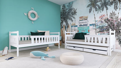 Hochbett 90x200 mit Ausziehbett und drei Matratzen (optional) Etagenbett mit Ausziehfunktion, zwei Schubladen, Lattenrost, Rausfallschutz, umbaubar in drei Einzelbetten, Vollholz massiv