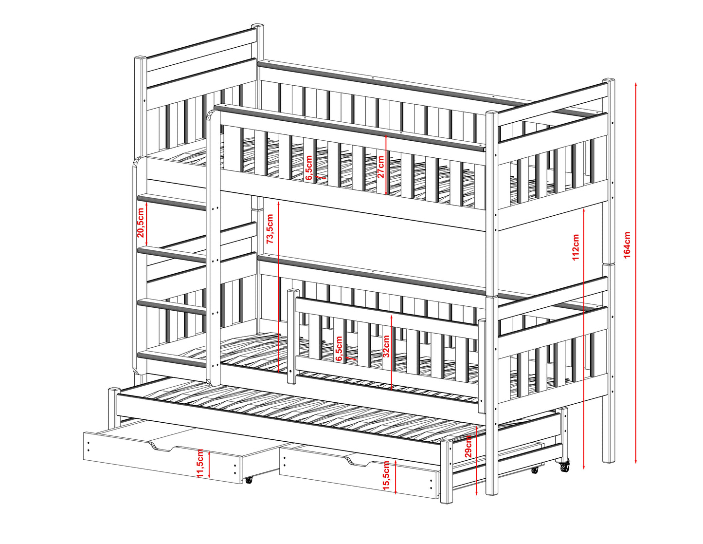 Lit mezzanine 90x200 avec lit gigogne et trois matelas (en option) Lit superposé avec fonction gigogne, deux tiroirs, sommier à lattes, protection antichute, transformable en trois lits simples, bois massif blanc