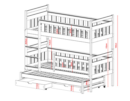 Lit mezzanine 90x200 avec lit gigogne et trois matelas (en option) Lit superposé avec fonction gigogne, deux tiroirs, sommier à lattes, protection antichute, transformable en trois lits simples, bois massif blanc