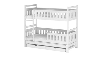 Lit mezzanine 90x200 avec lit gigogne et trois matelas (en option) Lit superposé avec fonction gigogne, deux tiroirs, sommier à lattes, protection antichute, transformable en trois lits simples, bois massif blanc