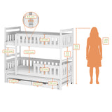 Hochbett 90x200 mit Ausziehbett und drei Matratzen (optional) Etagenbett mit Ausziehfunktion, zwei Schubladen, Lattenrost, Rausfallschutz, umbaubar in drei Einzelbetten, Vollholz massiv