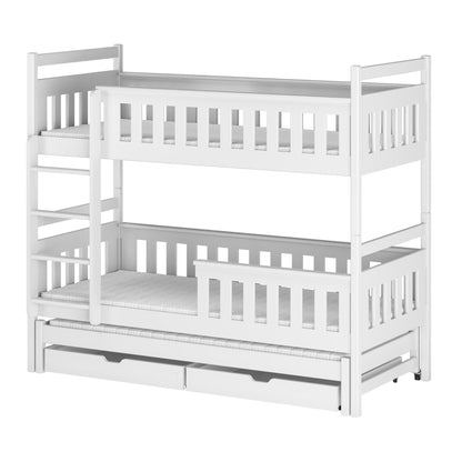 Hochbett 90x200 mit Ausziehbett und drei Matratzen (optional) Etagenbett mit Ausziehfunktion, zwei Schubladen, Lattenrost, Rausfallschutz, umbaubar in drei Einzelbetten, Vollholz massiv